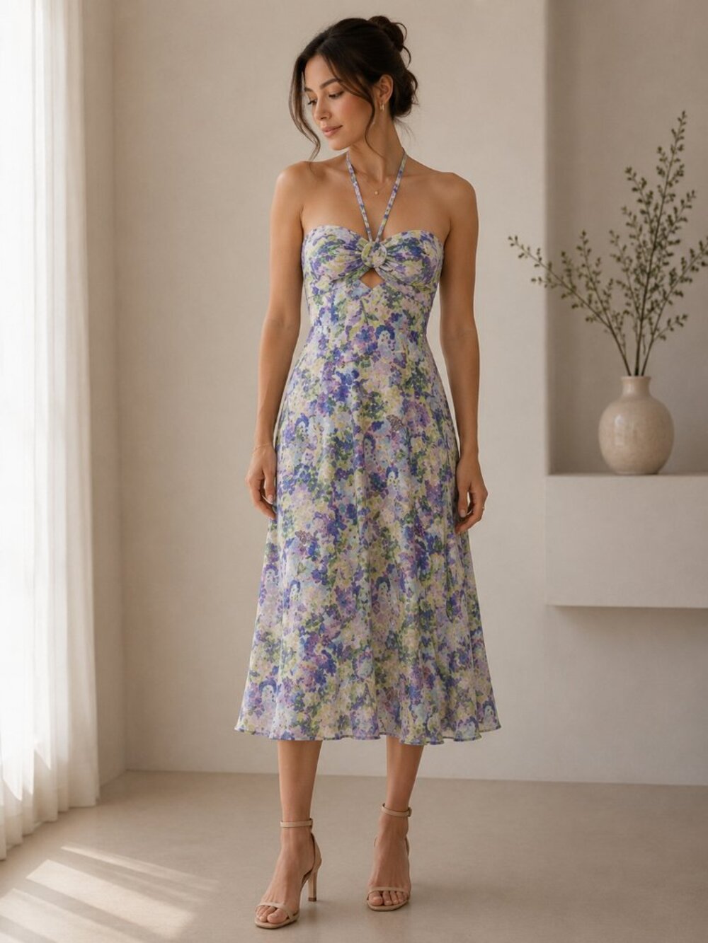 #61 LIKELY Blue Lavender Print Halter Midi Shift Dress Wedding Guest Size 8 0291